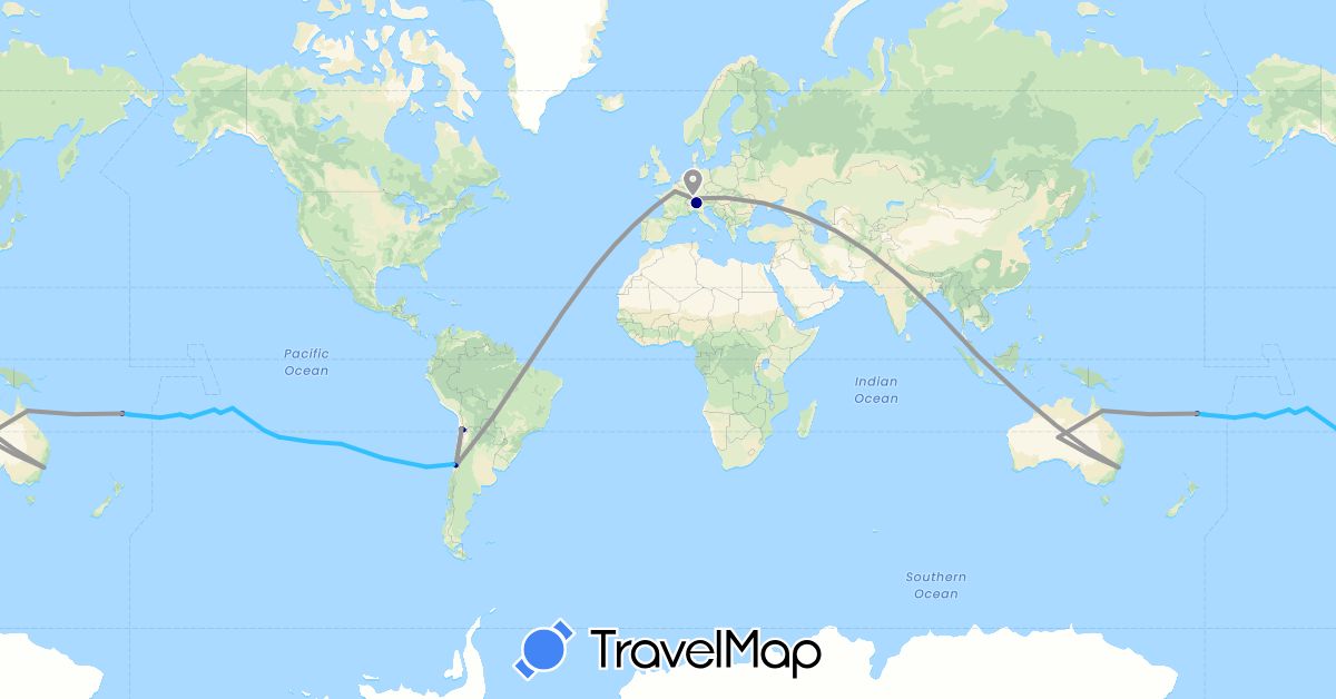 TravelMap itinerary: driving, plane, train, boat in Australia, Switzerland, Cook Islands, Chile, Fiji, France, Niue, Pitcairn Islands, Singapore, Tonga (Asia, Europe, Oceania, South America)