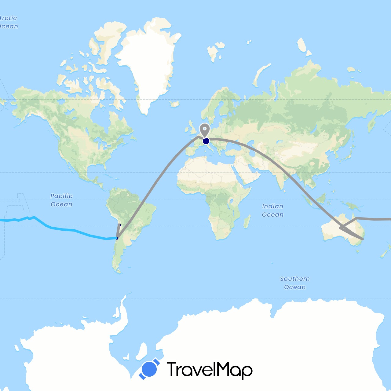 TravelMap itinerary: driving, plane, train, boat in Australia, Switzerland, Cook Islands, Chile, Fiji, France, Niue, Pitcairn Islands, Singapore, Tonga (Asia, Europe, Oceania, South America)